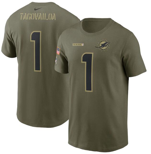 Men's Miami Dolphins #1 Tua Tagovailoa 2021 Olive Salute To Service Legend Performance T-Shirt